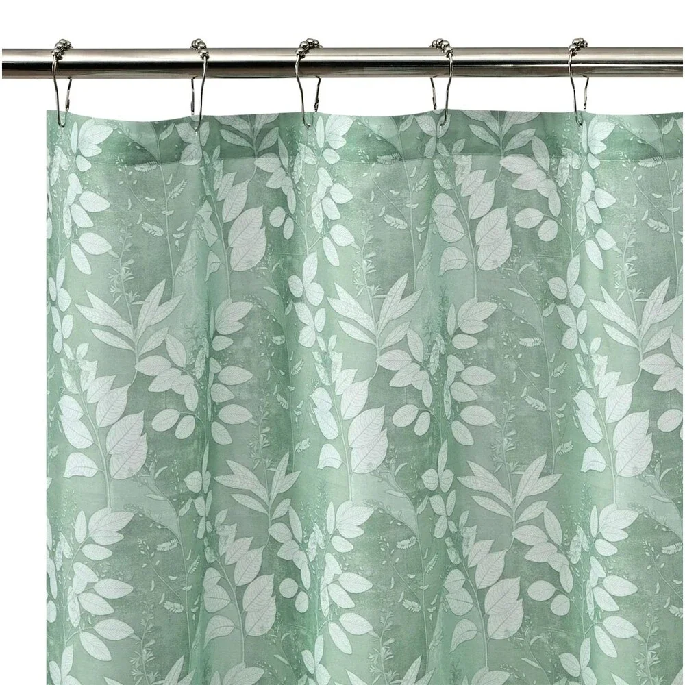 Green Botanical Fabric Shower Curtain with Metal Roller Hooks 13-pc Bath NEW